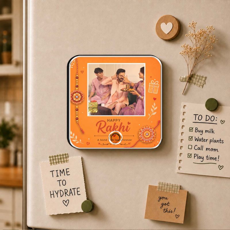 Personalized Musical Photo Fridge Magnet Gift for Raksha Bandhan | Rechargeable Sound Magnet Music Playable Rakhi Gift for Bhai & Bhen Keepsake Gift for Siblings